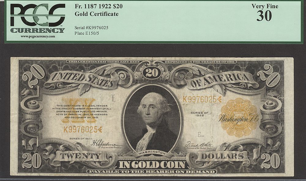 Fr.1187, 1922 $20 Gold Certificate, K9976025, VF, PCGS-30